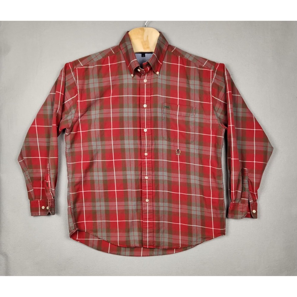 Tommy Hilfiger Shirt Mens Large Red Gray Plaid Crest Embroidered Button Up 2000s